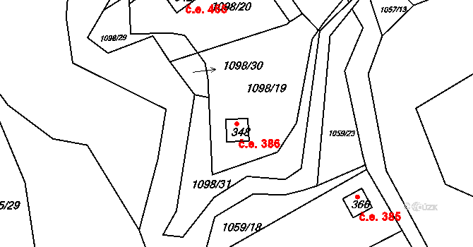 Dražice 386 na parcele st. 348 v KÚ Dražice u Tábora, Katastrální mapa