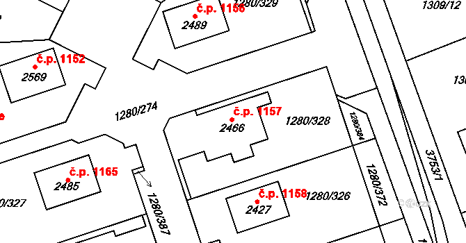 Dobřany 1157 na parcele st. 2466 v KÚ Dobřany, Katastrální mapa