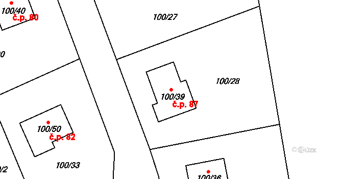 Myslinka 87 na parcele st. 100/39 v KÚ Myslinka, Katastrální mapa