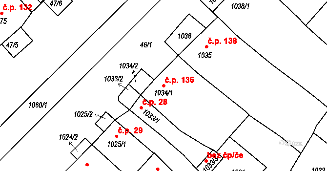 Valtice 136 na parcele st. 1034/1 v KÚ Valtice, Katastrální mapa