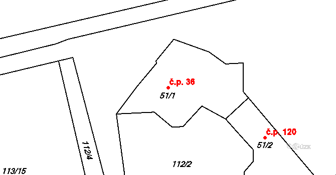 Bocanovice 36 na parcele st. 51/1 v KÚ Bocanovice, Katastrální mapa