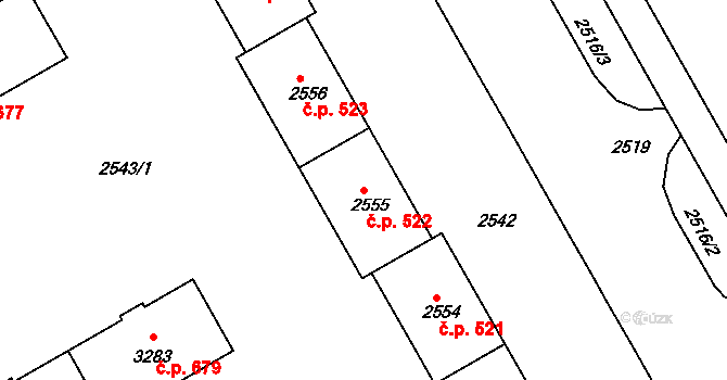 Lyžbice 522, Třinec na parcele st. 2555 v KÚ Lyžbice, Katastrální mapa
