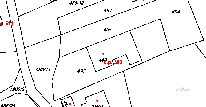 Hrádek 303 na parcele st. 440 v KÚ Hrádek, Katastrální mapa