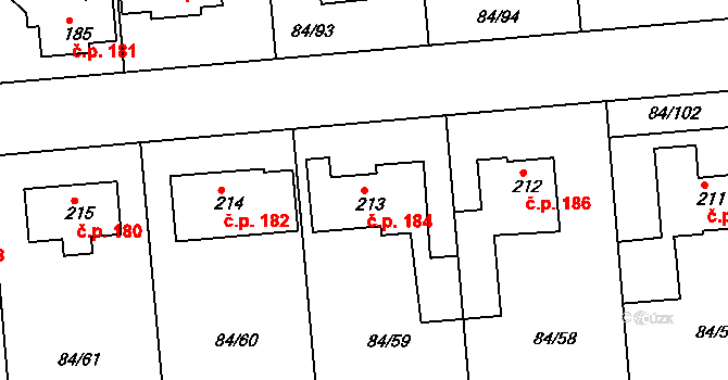 Velké Přítočno 184 na parcele st. 213 v KÚ Velké Přítočno, Katastrální mapa