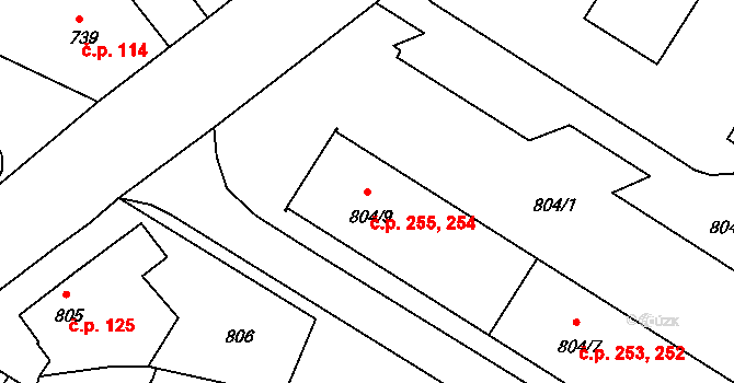 Dačice V 254,255, Dačice na parcele st. 804/9 v KÚ Dačice, Katastrální mapa