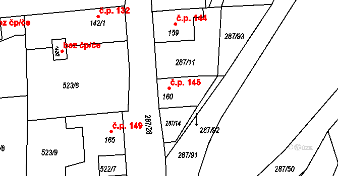 Tetín 145 na parcele st. 160 v KÚ Tetín u Berouna, Katastrální mapa