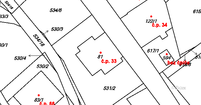 Pomezí 33 na parcele st. 81 v KÚ Pomezí, Katastrální mapa
