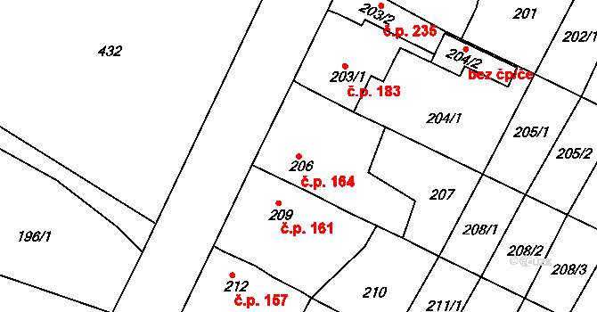 Tatce 164 na parcele st. 206 v KÚ Tatce, Katastrální mapa