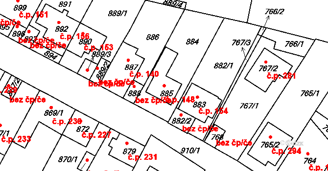 Bystřany 148 na parcele st. 885 v KÚ Bystřany, Katastrální mapa