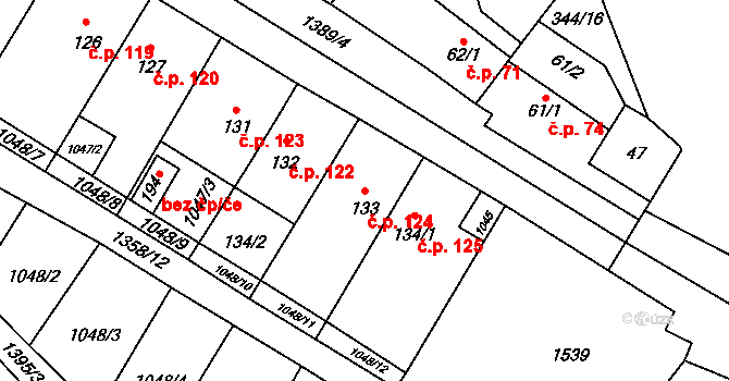 Libořice 124 na parcele st. 133 v KÚ Libořice, Katastrální mapa