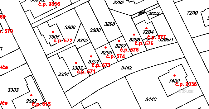 Záběhlice 574, Praha na parcele st. 3299 v KÚ Záběhlice, Katastrální mapa