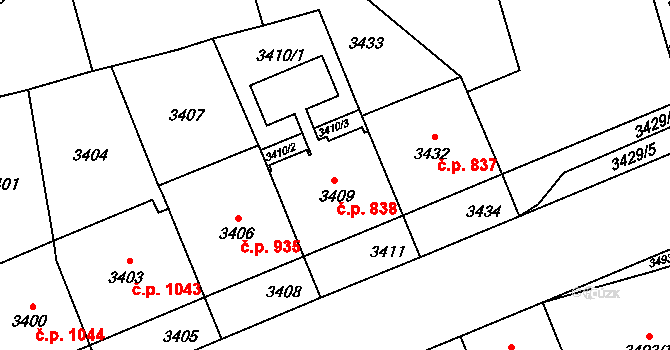 Smíchov 838, Praha na parcele st. 3409 v KÚ Smíchov, Katastrální mapa