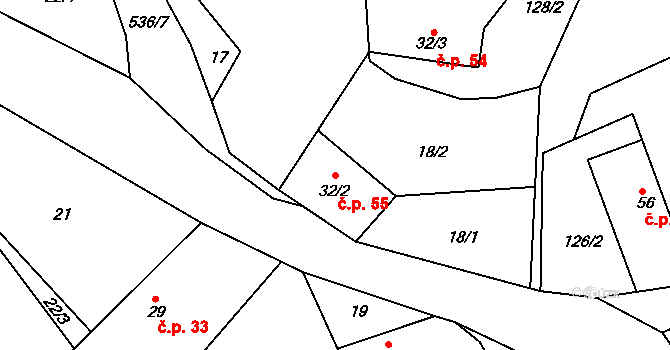 Luhy 55, Dolní Hbity na parcele st. 32/2 v KÚ Luhy, Katastrální mapa