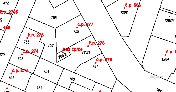 České Budějovice 5 278, České Budějovice na parcele st. 760/1 v KÚ České Budějovice 5, Katastrální mapa