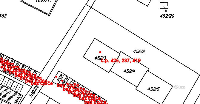 Křimice 287,419,426, Plzeň na parcele st. 452/4 v KÚ Křimice, Katastrální mapa