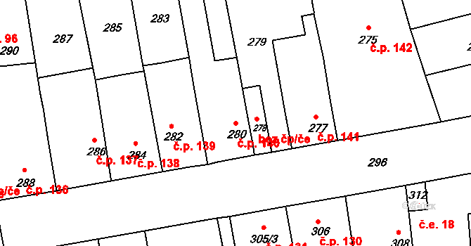 Radostice 140 na parcele st. 280 v KÚ Radostice u Brna, Katastrální mapa