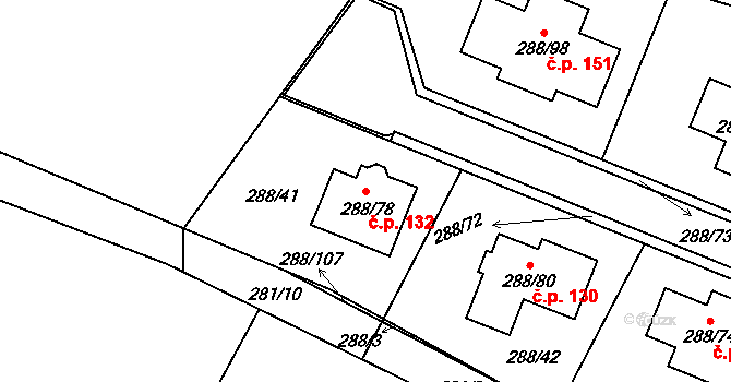 Pávov 132, Jihlava na parcele st. 288/78 v KÚ Pávov, Katastrální mapa
