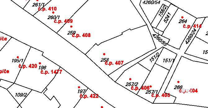 Moravské Budějovice 407 na parcele st. 258 v KÚ Moravské Budějovice, Katastrální mapa