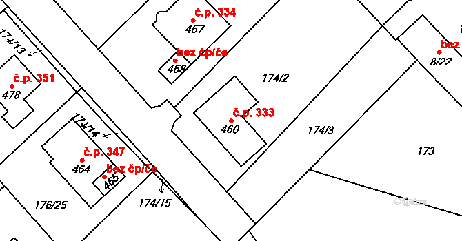 Rosice 333 na parcele st. 460 v KÚ Rosice u Chrasti, Katastrální mapa