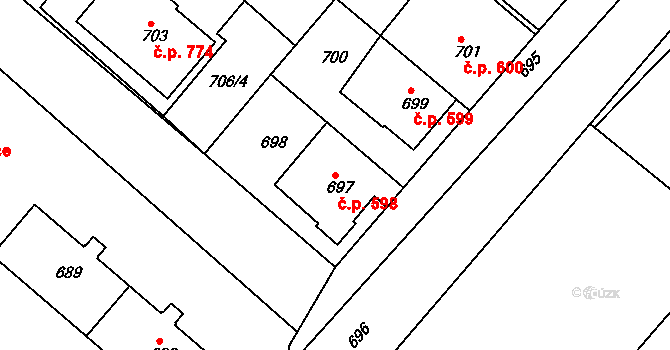 Jemnice 598 na parcele st. 697 v KÚ Jemnice, Katastrální mapa