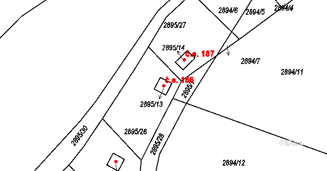 Jemnice 186 na parcele st. 2895/13 v KÚ Jemnice, Katastrální mapa