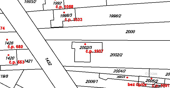 Kuřim 1907 na parcele st. 2002/3 v KÚ Kuřim, Katastrální mapa