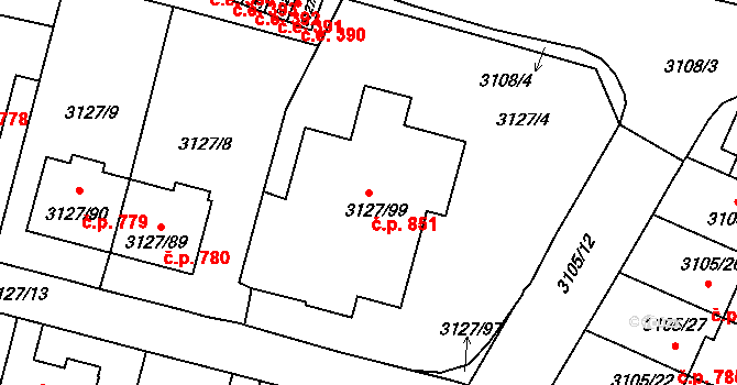 Bystřice nad Pernštejnem 851 na parcele st. 3127/99 v KÚ Bystřice nad Pernštejnem, Katastrální mapa