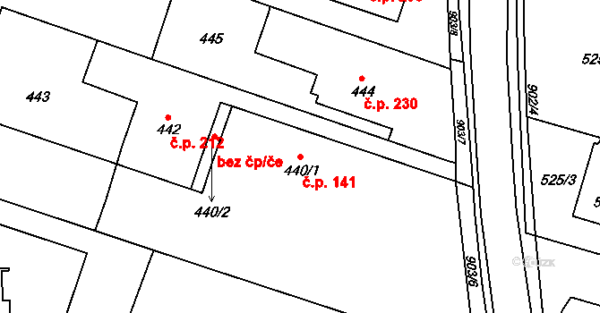 Suché Lazce 141, Opava na parcele st. 440/1 v KÚ Suché Lazce, Katastrální mapa