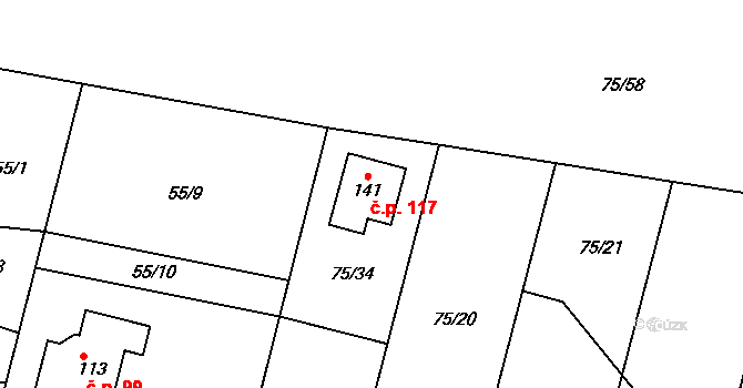 Lohenice 117, Přelouč na parcele st. 141 v KÚ Lohenice u Přelouče, Katastrální mapa