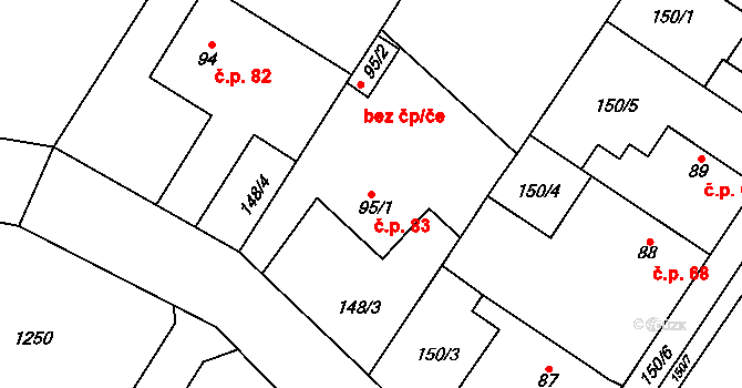 Dvakačovice 83 na parcele st. 95/1 v KÚ Dvakačovice, Katastrální mapa