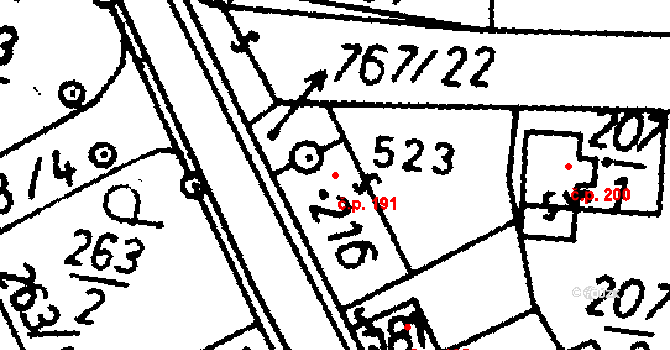 Bernartice 191 na parcele st. 216 v KÚ Bernartice u Milevska, Katastrální mapa