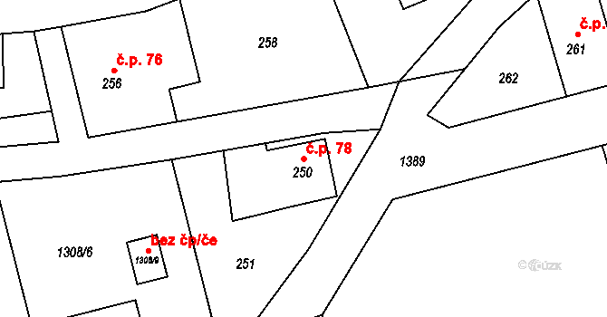 Horní Žukov 78, Český Těšín na parcele st. 250 v KÚ Horní Žukov, Katastrální mapa