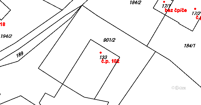 Suchý Důl 102 na parcele st. 133 v KÚ Suchý Důl, Katastrální mapa