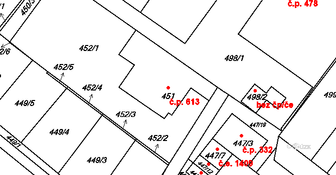 Kopřivnice 613 na parcele st. 451 v KÚ Kopřivnice, Katastrální mapa