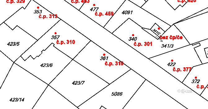 Kryry 319 na parcele st. 361 v KÚ Kryry, Katastrální mapa