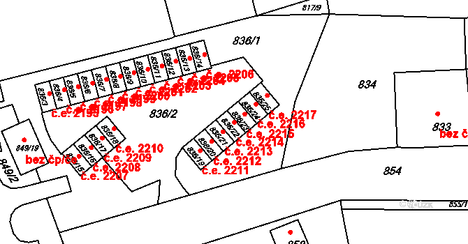 Jirkov 2214 na parcele st. 836/22 v KÚ Jirkov, Katastrální mapa