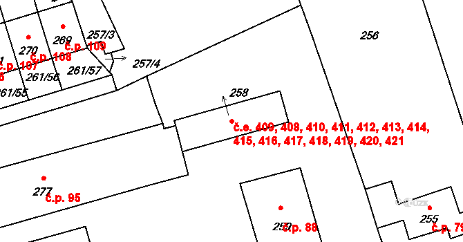 Neštědice 408,409,410,411,412,, Povrly na parcele st. 258 v KÚ Neštědice, Katastrální mapa