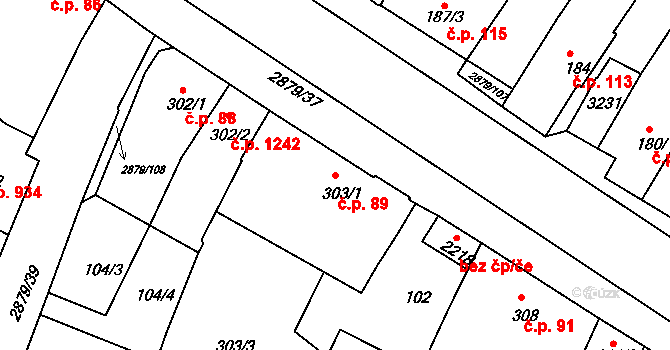 Bystřice pod Hostýnem 89 na parcele st. 303/1 v KÚ Bystřice pod Hostýnem, Katastrální mapa