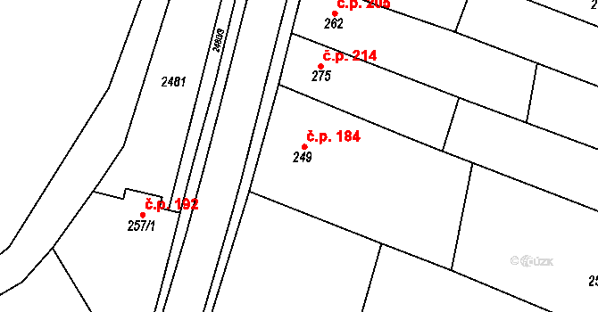 Tištín 184 na parcele st. 249 v KÚ Tištín, Katastrální mapa