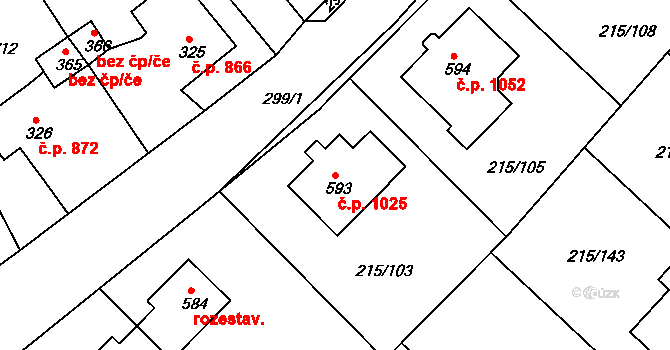 Rudná 1025 na parcele st. 593 v KÚ Hořelice, Katastrální mapa