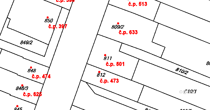 Modřice 501 na parcele st. 811 v KÚ Modřice, Katastrální mapa