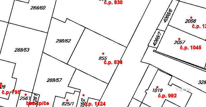 Kyjov 834 na parcele st. 855 v KÚ Kyjov, Katastrální mapa