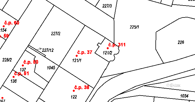 Humny 311, Pchery na parcele st. 121/2 v KÚ Pchery, Katastrální mapa