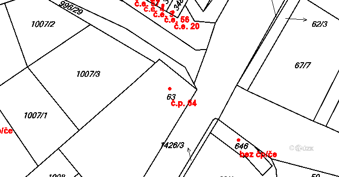 Velký Beranov 64 na parcele st. 63 v KÚ Velký Beranov, Katastrální mapa