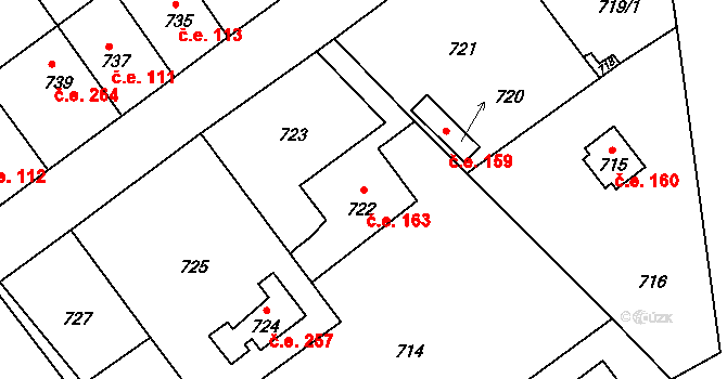 Hlásná Třebaň 163 na parcele st. 722 v KÚ Hlásná Třebaň, Katastrální mapa