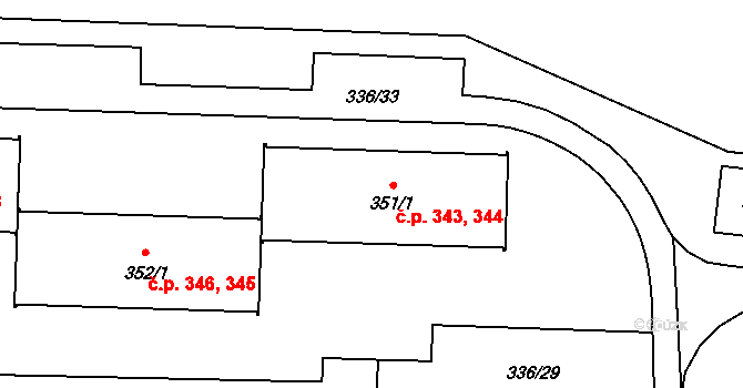 Bohušovice nad Ohří 343,344 na parcele st. 351/1 v KÚ Bohušovice nad Ohří, Katastrální mapa