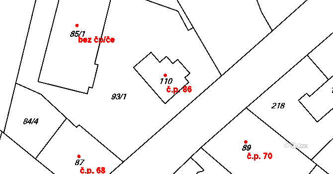 Valdice 86 na parcele st. 110 v KÚ Valdice, Katastrální mapa