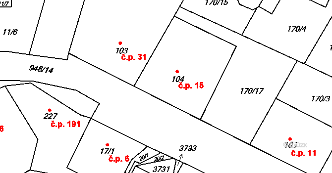 Velké Popovice 15 na parcele st. 104 v KÚ Velké Popovice, Katastrální mapa