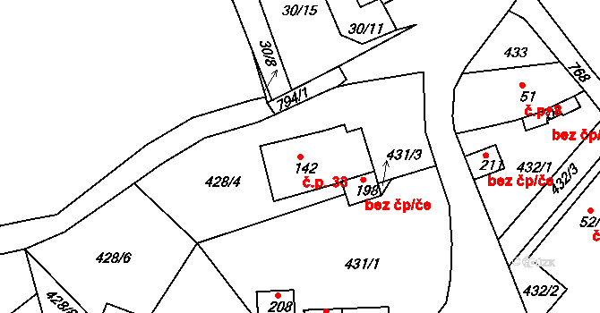 Mošnov 33, Bžany na parcele st. 142 v KÚ Lhenice u Bžan, Katastrální mapa