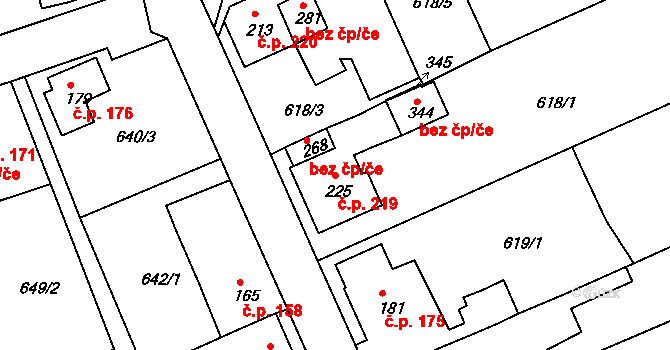 Unčín 219, Krupka na parcele st. 225 v KÚ Unčín u Krupky, Katastrální mapa